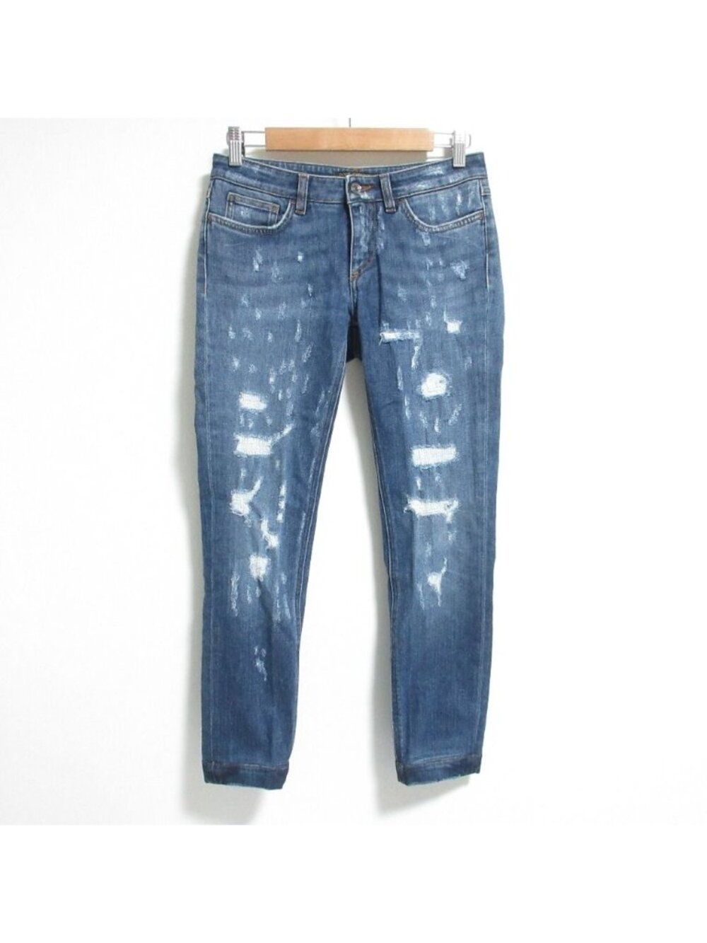 Dolce & Gabbana Distressed Logo Plate Stretch Denim Pants Jeans Indigo 38